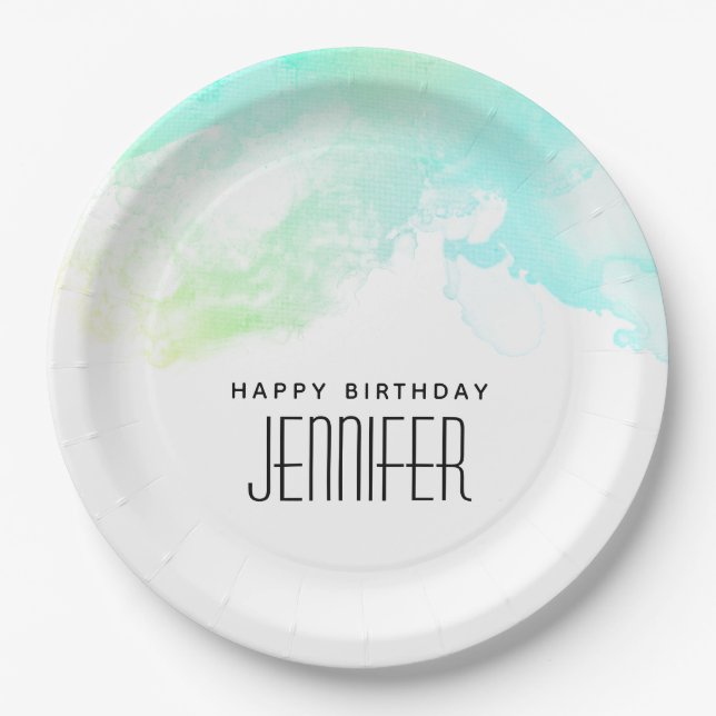 Modern Abstract Green & Blue Watercolor Swirls Paper Plate (Front)