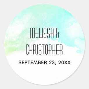 Modern Abstract Green & Blue Watercolor Wedding Classic Round Sticker