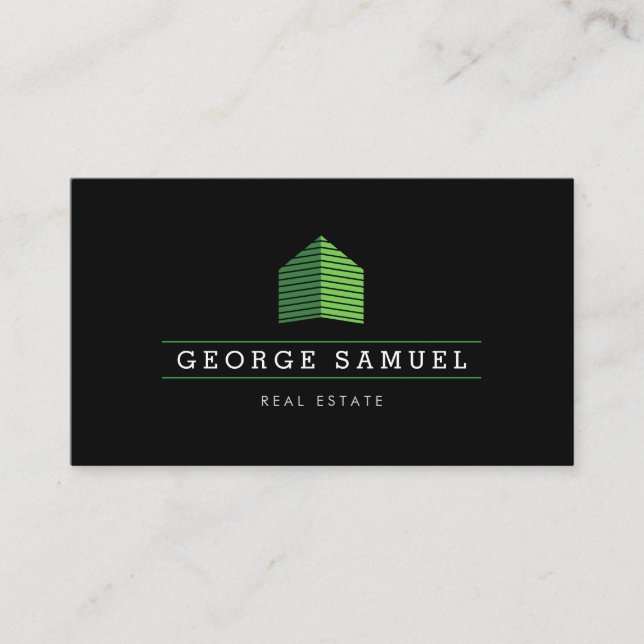 Modern Abstract Green Home Logo Realtor Black Business Card (Front)