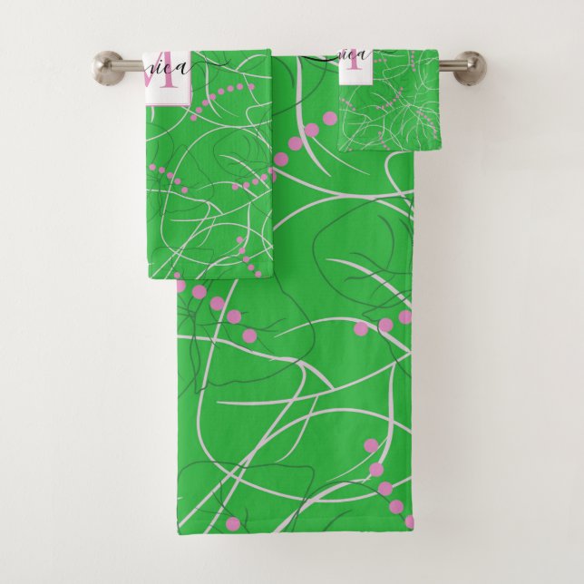 Modern Abstract Green Pink White Monogram Floral Bath Towel Set (Insitu)