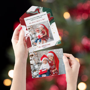 Modern Abstract Green/Red Christmas Photo All In One Invitation