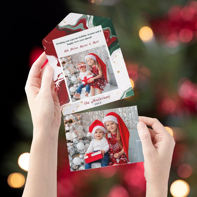 Modern Abstract Green/Red Christmas Photo All In One Invitation (Creator Uploaded)