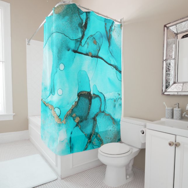 Modern Abstract Green Teal Turquoise Gold Shower Curtain (In Situ)