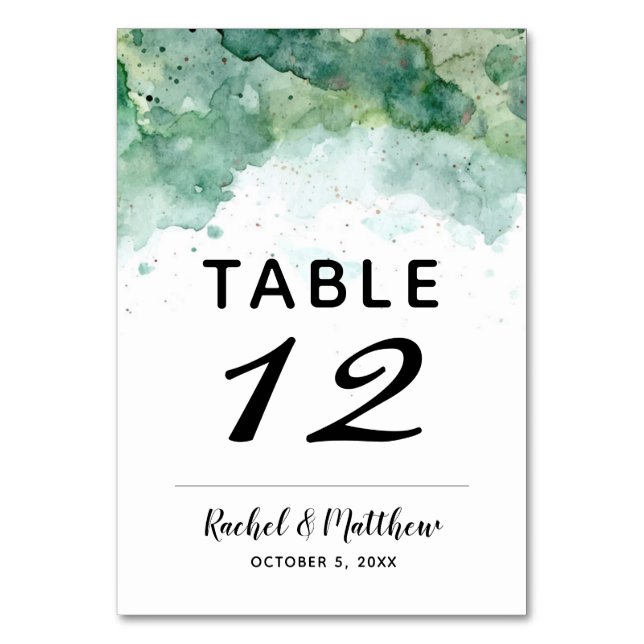 Modern Abstract Green Watercolor Table Numbers (Front)