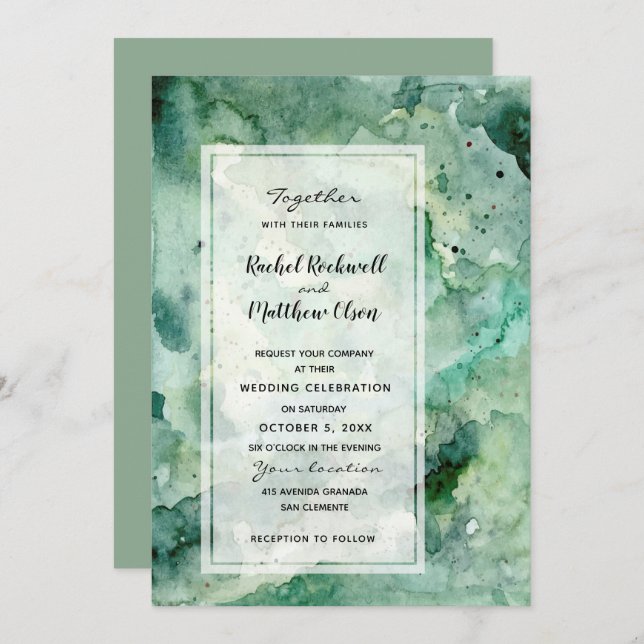 Modern Abstract Green Watercolor Wedding Invites (Front/Back)