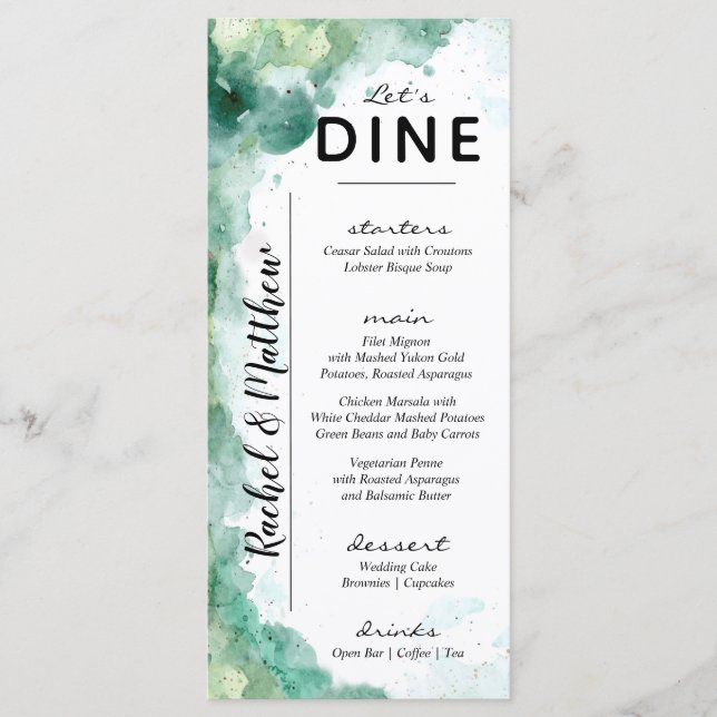 Modern Abstract Green Watercolor Wedding Menu (Front)