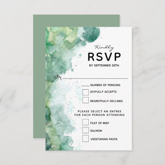 Modern Abstract Green Watercolor Wedding RSVP Card (Front/Back)