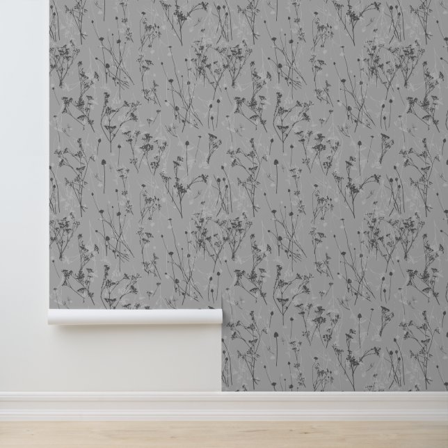 Modern Abstract Greige Wildflowers Wallpaper (Application)