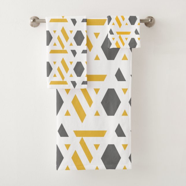 Modern, abstract, grey, mustard yellow, white bath towel set (Insitu)