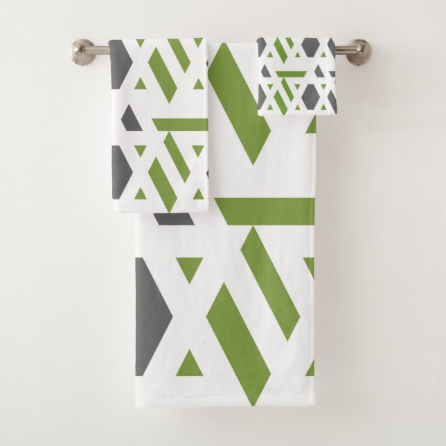Modern, abstract, grey, olive green, white bath towel set (Insitu)