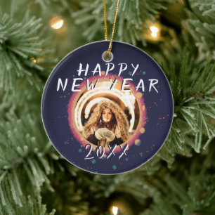 Modern Abstract Happy New Year 2023 Photo Ceramic Ornament