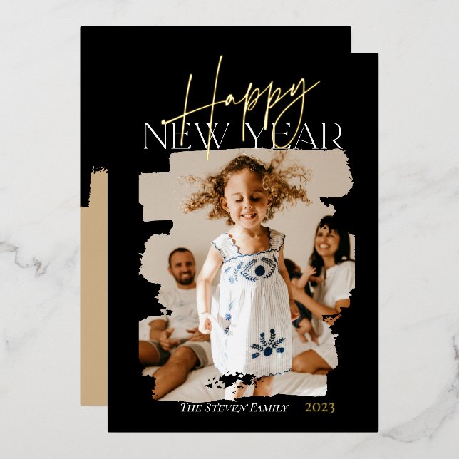 Modern abstract happy new year brushstroke black foil holiday card (Front/Back)