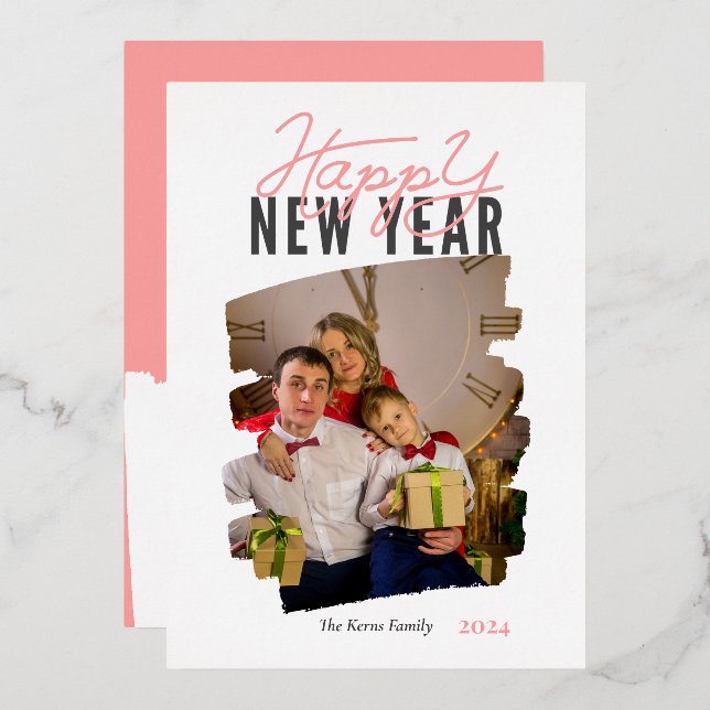 Modern abstract happy new year brushstroke pink foil holiday card (Front/Back)