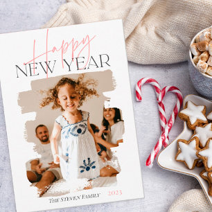 Modern abstract happy new year brushstroke pink holiday card