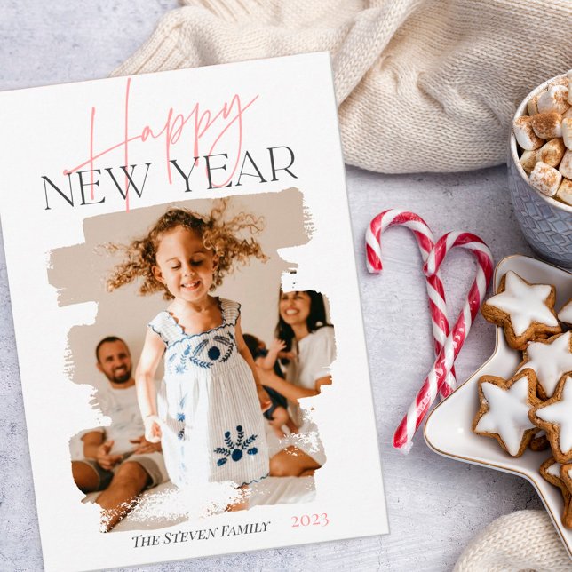 Modern abstract happy new year brushstroke pink holiday card (Creator Uploaded)