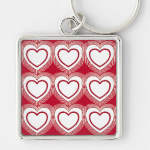 Modern Abstract Hearts - Red and White Keychain