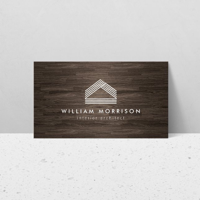 Modern Abstract Home Logo on Dark Woodgrain Business Card (Creator Uploaded)