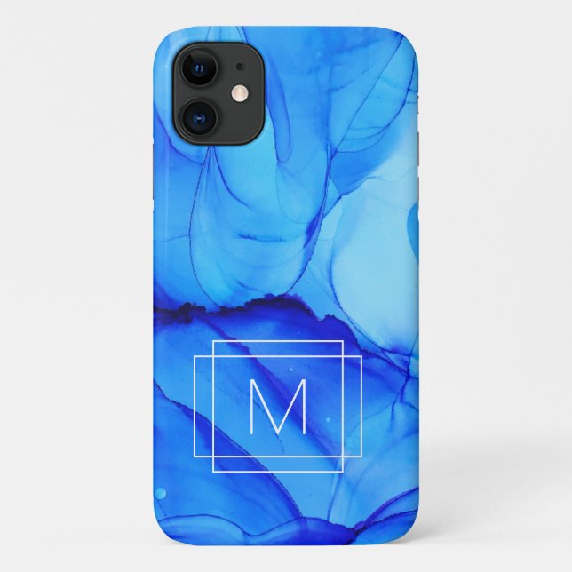 Modern Abstract Indigo Blue Purple Swirls Monogram Case-Mate iPhone Case (Back)
