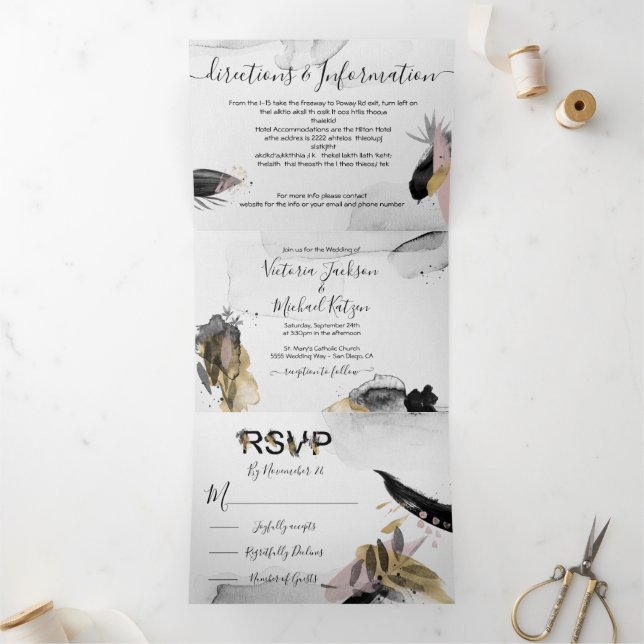 Modern Abstract Japanese Brush strokes Wedding Tri-Fold Invitation (Inside)