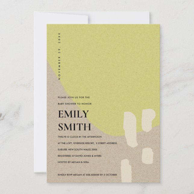 MODERN ABSTRACT KRAFT GREEN BABY SHOWER INVITE (Front)