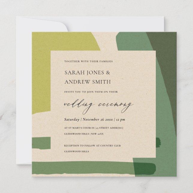 MODERN ABSTRACT KRAFT LIME GREEN ARTISTIC WEDDING INVITATION (Front)