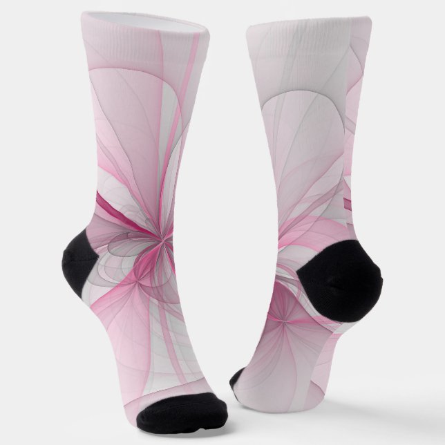 Modern Abstract Light Pink Grey Fractal Design Socks (Angled)