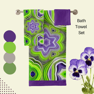 Modern Abstract Lime Green, Purple and Yellow  Bath Towel Set