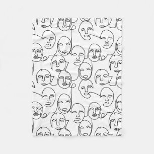 Modern Abstract Lines Faces Continuous Line Art Fleece Blanket