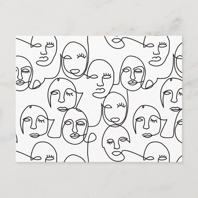 Modern Abstract Lines Faces Continuous Line Art Holiday Postcard (Front)