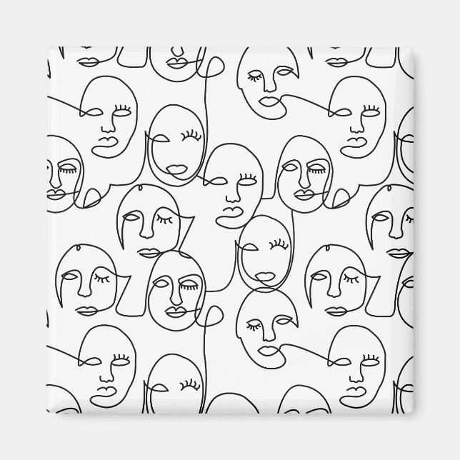 Modern Abstract Lines Faces Continuous Line Art Magnet (Front)