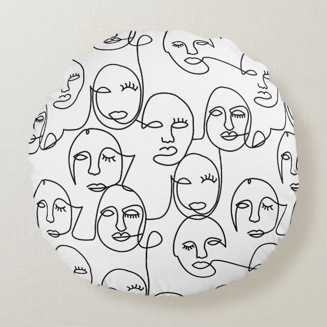 Modern Abstract Lines Faces Continuous Line Art Round Cushion (Front)