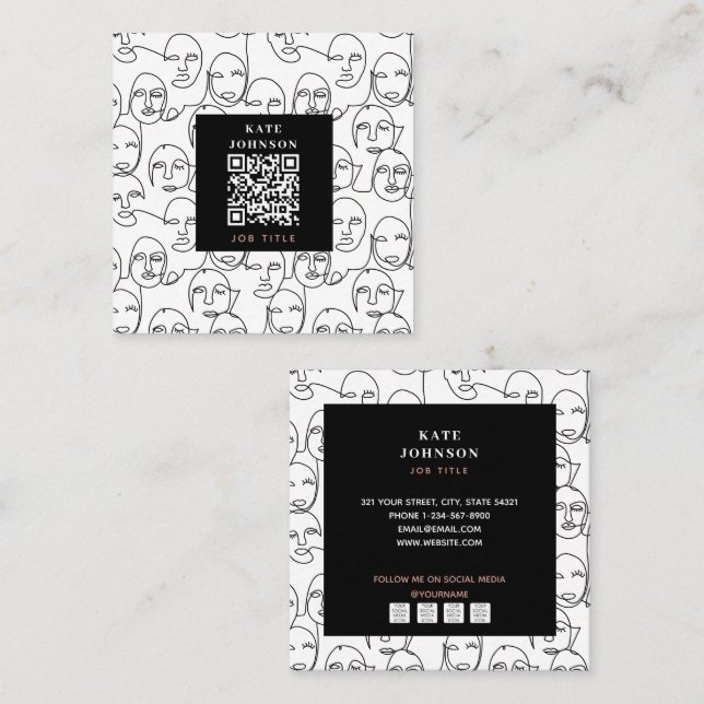 Modern Abstract Lines Faces Continuous Line Art Square Business Card (Front/Back)