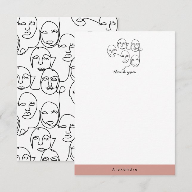 Modern Abstract Lines Faces Continuous Line Art Thank You Card (Front/Back)
