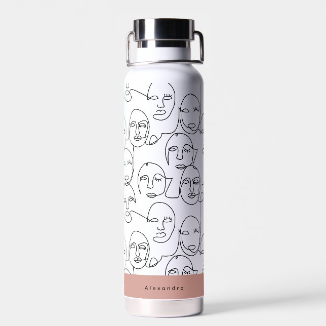 Modern Abstract Lines Faces Continuous Line Art Water Bottle (Back)