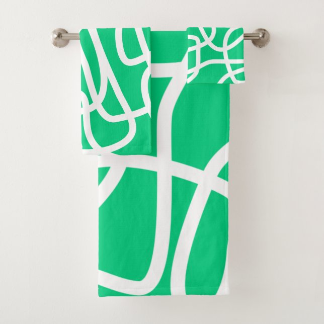 Modern Abstract Lines Green White Cute Whimsical Bath Towel Set (Insitu)
