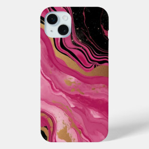 Modern abstract magenta pink gold glitter black iPhone 15 mini case