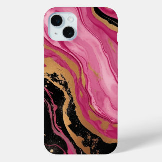 Modern abstract magenta pink gold glitter black iPhone 15 mini case