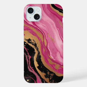 Modern abstract magenta pink gold glitter black iPhone 15 plus case