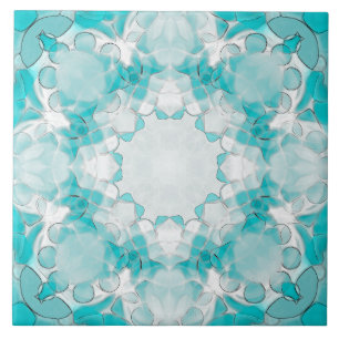 Modern abstract mandala pattern, teal, white ceramic tile