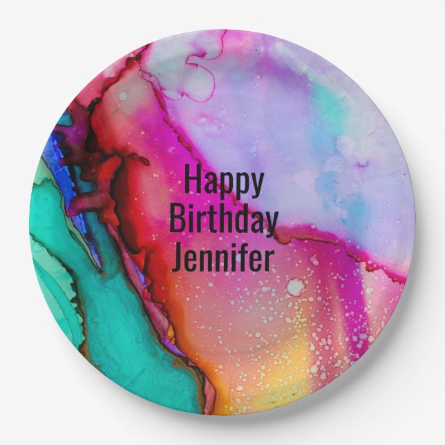 Modern Abstract Marble Watercolor Design Birthday Paper Plate (Front)