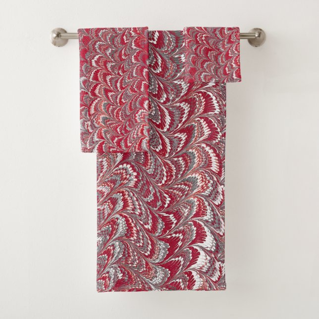 Modern Abstract Marbled Texture Burgundy Painting Bath Towel Set (Insitu)