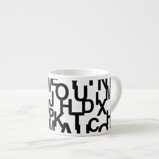 Modern, abstract, messy pattern with letters espresso cup (Front Right)