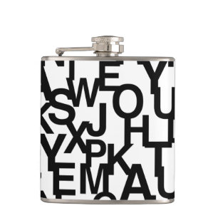 Modern, abstract, messy pattern with letters hip flask