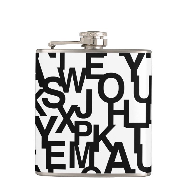 Modern, abstract, messy pattern with letters hip flask (Front)