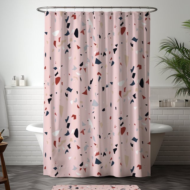Modern Abstract Mid Century Terrazzo Pattern Shower Curtain (In situ bathroom)