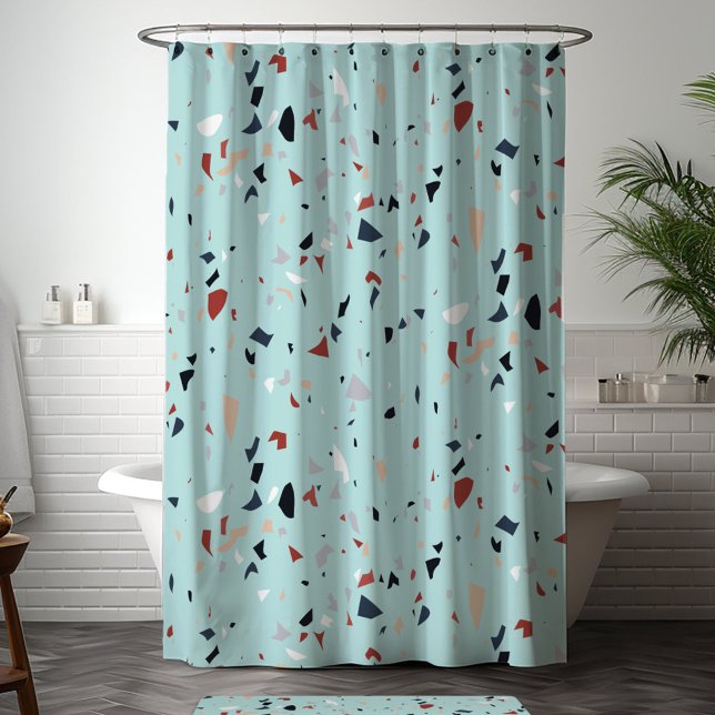 Modern Abstract Mid Century Terrazzo Pattern Shower Curtain (In situ bathroom)