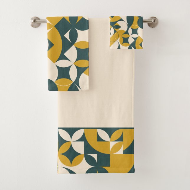 Modern Abstract Mustard Green Circle Design Bath Towel Set (Insitu)