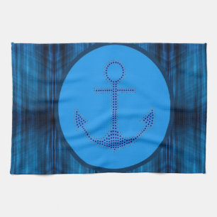 modern abstract Nautical blue stripes Anchor Tea Towel