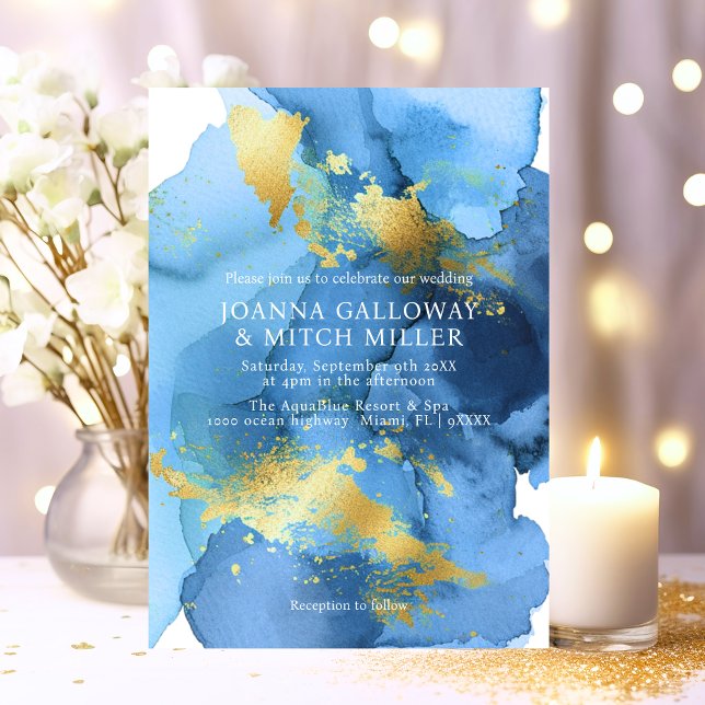 Modern Abstract Navy Blue Gold Watercolor Wedding Invitation (Modern Abstract Navy Blue Gold Watercolor Wedding Invitation)