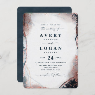 Modern Abstract Navy Blue & Rose Gold Wedding Invitation